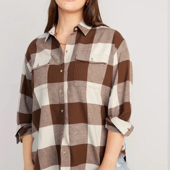 Old Navy Womens Loose Flannel Boyfriend Shirt Desert Floor Brown Plaid 2X - Picture 3 of 8